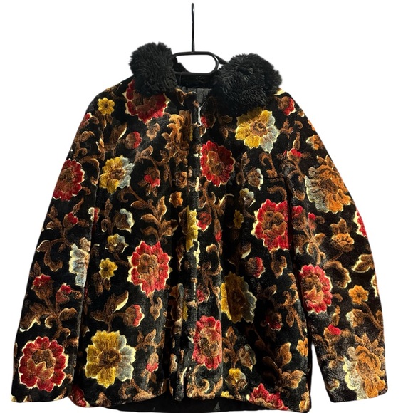Clix Jackets & Blazers - Vintage Velvet Floral Jacket Faux Fur Collar Zip Up Bohemian Grannycore Coat